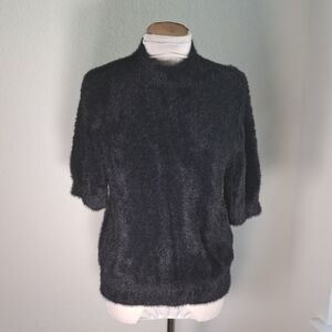 CeCe Women’s Black Sweater Short Puff Sleeve Mock-Neck Eyelash Knit Size Large